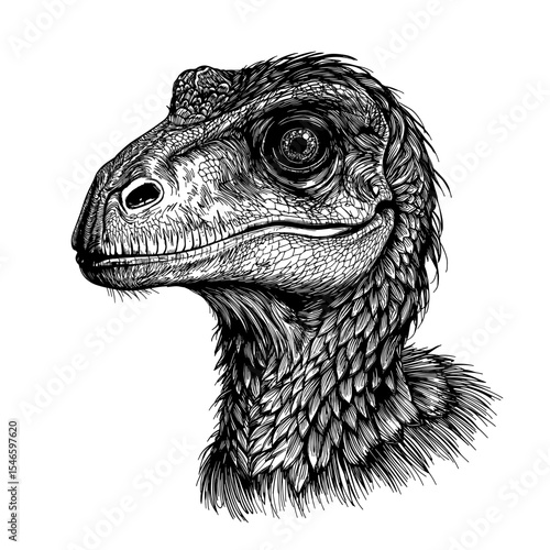 A detailed drawing of a velociraptor head, showcasing its intense gaze and textured plumage. The artwork captures the prehistoric creature's predatory nature in striking detail.