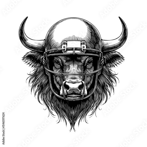 A fierce bull, embodying strength and determination, dons a football helmet, merging the power of the animal with the intensity of the sport, depicted in a black and white artistic style.