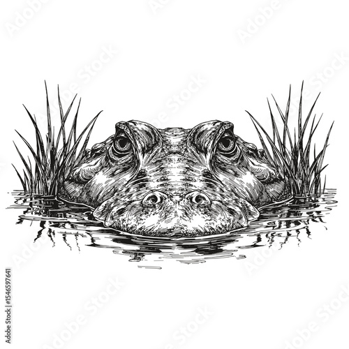 An alligator lurks in the murky water. A monochrome artistic portrayal of the formidable creature, capturing its intensity and wild essence. vector illustration