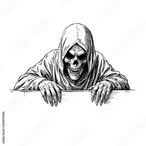A spooky illustration of the grim reaper with a menacing grin, emerging from the shadows, ready to send shivers down your spine, captured with a vintage style.