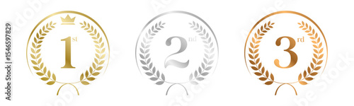 Award Winner Set Vector Illustration. Figures 1, 2, 3 In A Realistic Gold Silver Bronze with Laurel Wreath . Competition Game Concept. Isolated on white