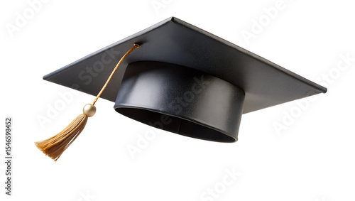 floating black graduation cap in the air on a white