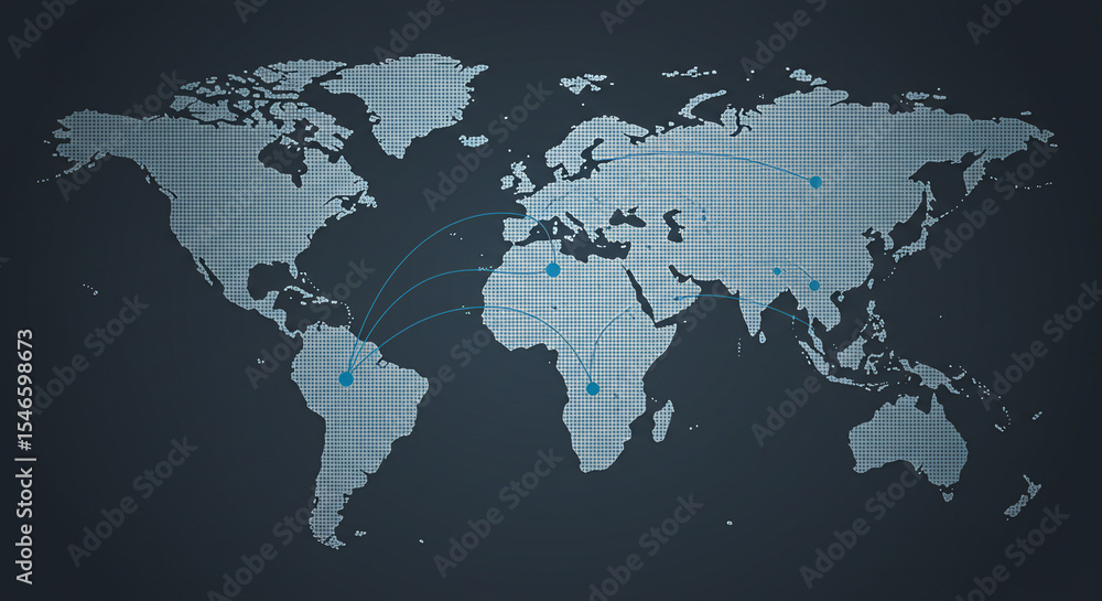 Fototapeta premium A digital world map on a dark blue background representing globalization connection and technology concepts