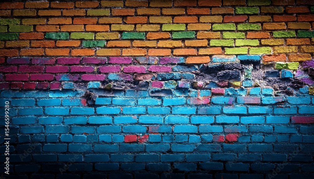 Fototapeta premium old brick broken colorful painted wall with dark copy space