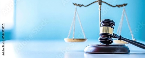 A judge's gavel and a balanced scale symbolize justice and legal authority on a reflective surface with a soft blue background.