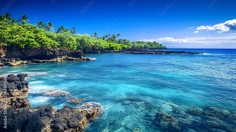 Fototapeta premium Tropical coastline with turquoise water and rocky shores under blue sky day
