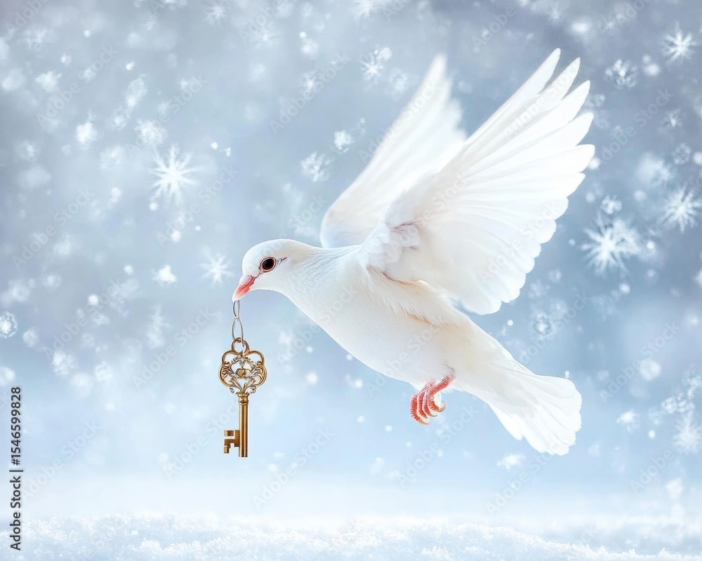 Fototapeta premium A white dove flying gracefully in a snowy scene, holding an ornate golden key in its beak.