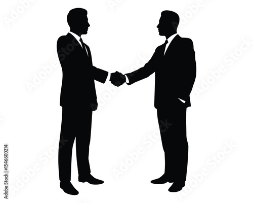Silhouette of Two Businessmen Shaking Hands, Symbolizing Partnership and Agreement, Minimalist Design with Arrow Background