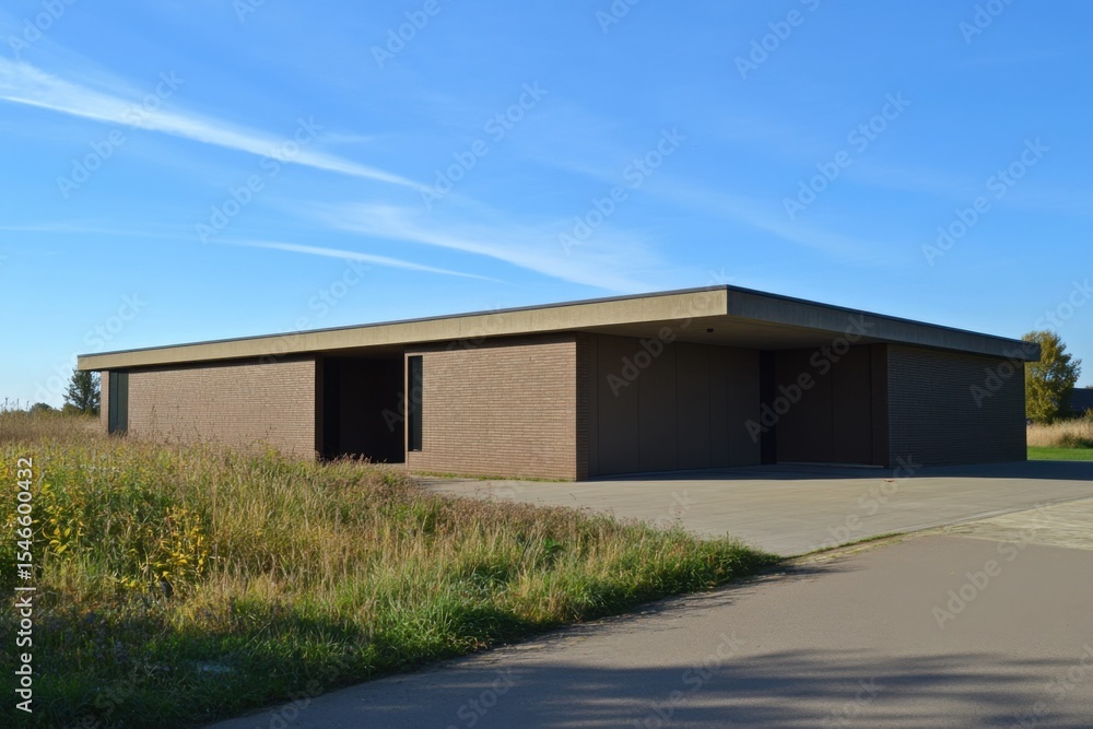 A contemporary architectural design stands gracefully against a backdrop of bright blue skies, surrounded by lush greenery in an expansive daytime landscape A contemporary architectural design stands gracefully against a backdrop of bright blue skies, surrounded by lush greenery in an expansive daytime landscape