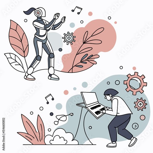 Illustration of a robot dancing next to musical notes and a person using a laptop with gears around
