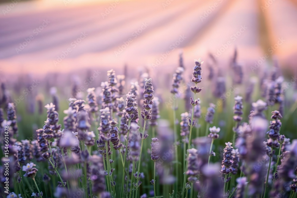 Naklejka premium Lavender field under soft diffused light focusing on rows of purple flowers