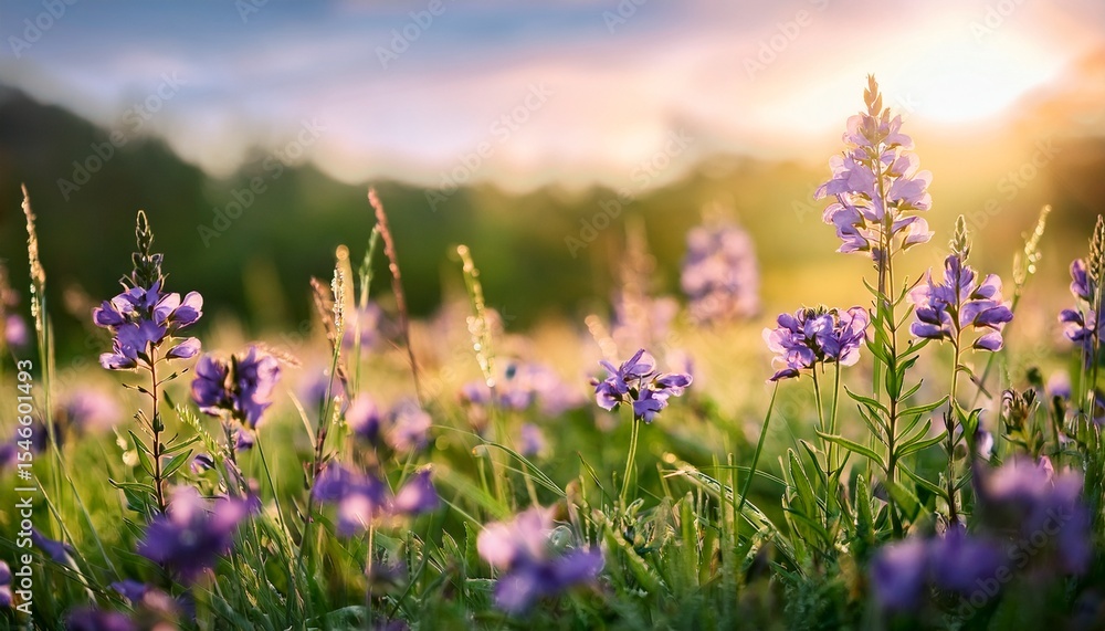 Naklejka premium delicate purple wildflowers sway gently among lush green grass in a natural meadow the slender stems bend slightly in the breeze as sunlight filters through the vibrant vegetation
