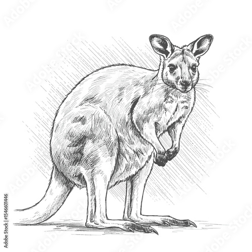 Tree Kangaroo – Dendrolagus spp. Realistic kangaroo standing upright drawn in vintage hand sketch style with fine details. Wildlife illustration concept