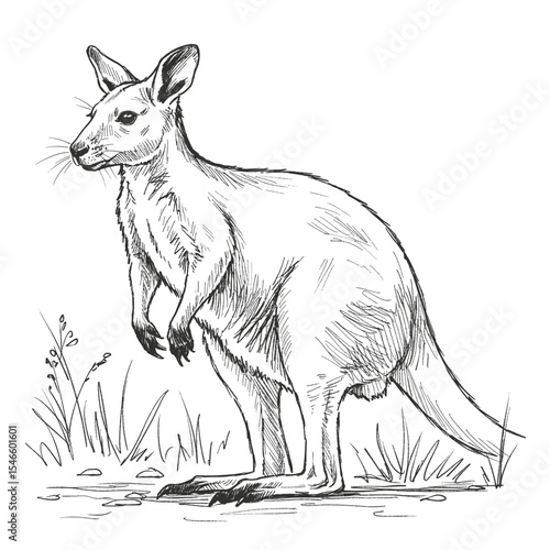 Tree Kangaroo – Dendrolagus spp. Realistic kangaroo standing upright drawn in vintage hand sketch style with fine details. Wildlife illustration concept