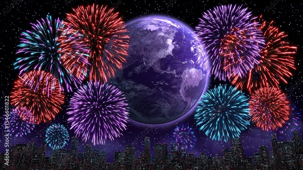 Fototapeta premium City Skyline with Fireworks and Planet for Celebration