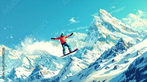Snowboarder soaring through crisp mountain air, snow spraying, majestic peak backdrop
