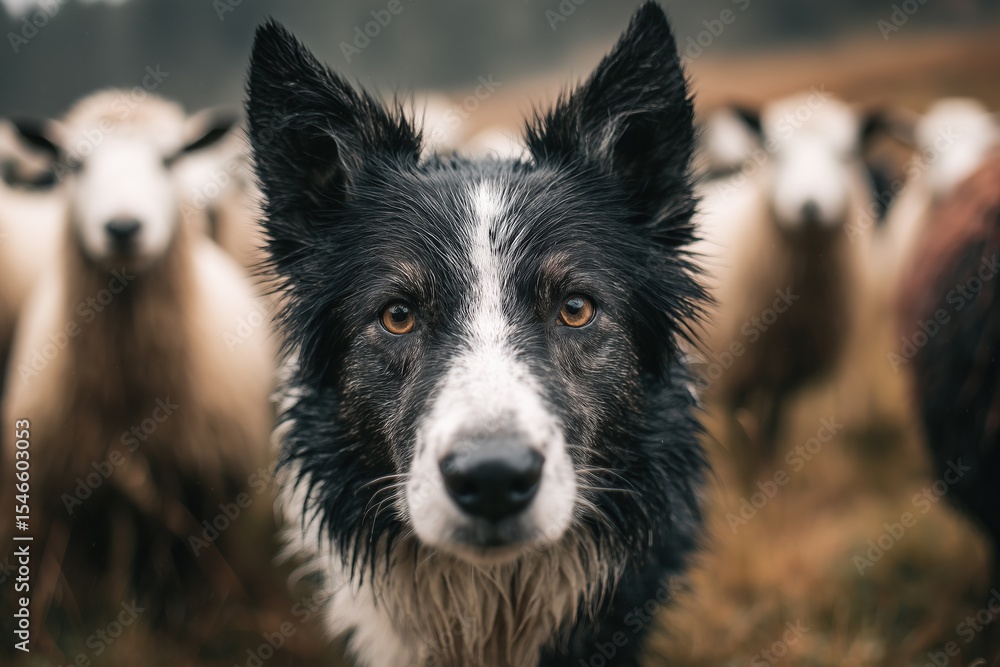 Fototapeta premium Close up of sheepdog displaying attentiveness while herding sheep on a farm during a cloudy day
