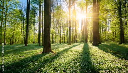 beautiful forest in spring with bright sun shining through the trees