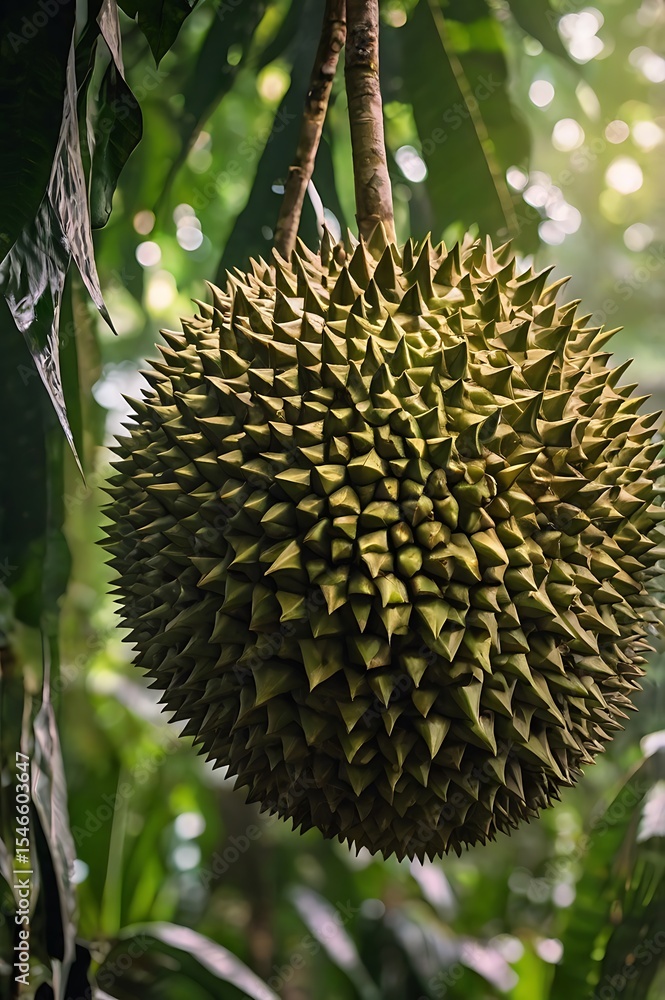 Ultra high resolution 8K image of a single perfectly ripe durian with sharp, spiky greenish-yellow skin, positioned prominently in the foreground. The background showcases the dense tropical rainfores Ultra high resolution 8K image of a single perfectly ripe durian with sharp, spiky greenish-yellow skin, positioned prominently in the foreground. The background showcases the dense tropical rainfores