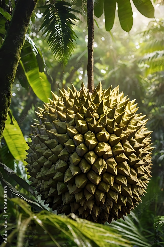 Ultra high resolution 8K image of a single perfectly ripe durian with sharp, spiky greenish-yellow skin, positioned prominently in the foreground. The background showcases the dense tropical rainfores Ultra high resolution 8K image of a single perfectly ripe durian with sharp, spiky greenish-yellow skin, positioned prominently in the foreground. The background showcases the dense tropical rainfores