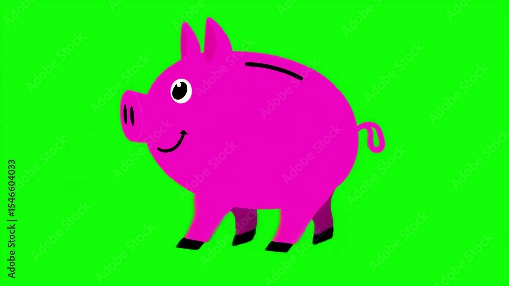 A classic pink piggy bank with gold coins walks on green screen background, 3D animation, ideal for concepts around saving, finance, or investment. Side view A classic pink piggy bank with gold coins walks on green screen background, 3D animation, ideal for concepts around saving, finance, or investment. Side view