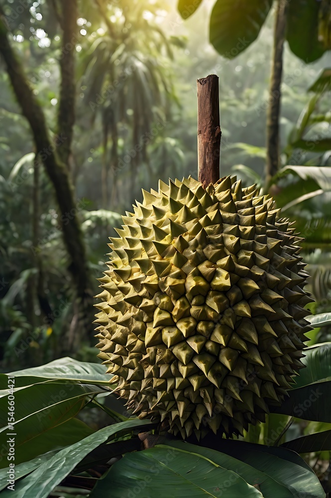 Ultra high resolution 8K image of a single perfectly ripe durian with sharp, spiky greenish-yellow skin, positioned prominently in the foreground. The background showcases the dense tropical rainfores Ultra high resolution 8K image of a single perfectly ripe durian with sharp, spiky greenish-yellow skin, positioned prominently in the foreground. The background showcases the dense tropical rainfores