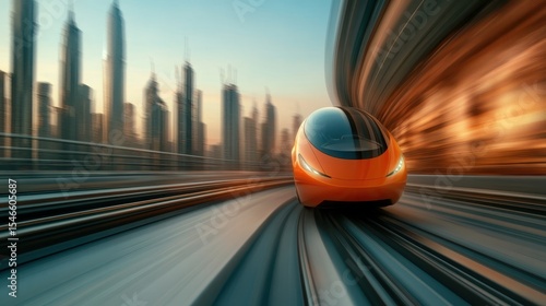 A sleek orange hyperloop train speeds through a futuristic cityscape, showcasing cutting-edge technology and innovation in transportation against a dramatic backdrop.