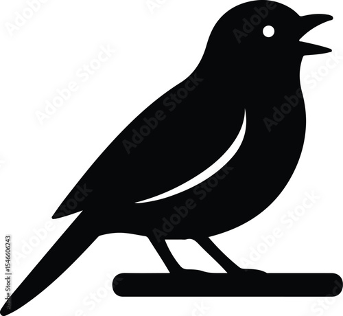 Silhouette songbird singing perched on branch black and white vector illustration