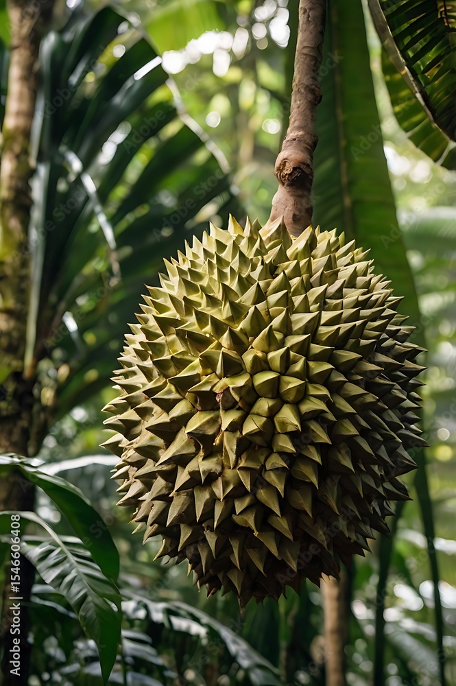 Ultra high resolution 8K image of a single perfectly ripe durian with sharp, spiky greenish-yellow skin, positioned prominently in the foreground. The background showcases the dense tropical rainfores Ultra high resolution 8K image of a single perfectly ripe durian with sharp, spiky greenish-yellow skin, positioned prominently in the foreground. The background showcases the dense tropical rainfores