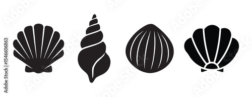 Black and white seashell icon set , seashell silhouette icon , vector illustration .