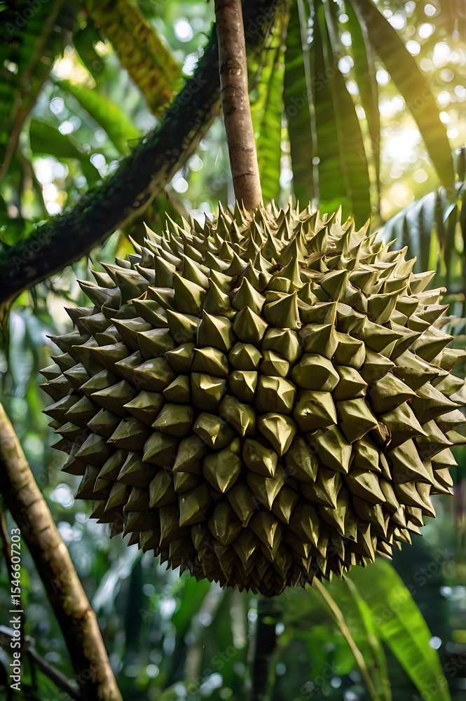 Ultra high resolution 8K image of a single perfectly ripe durian with sharp, spiky greenish-yellow skin, positioned prominently in the foreground. The background showcases the dense tropical rainfores Ultra high resolution 8K image of a single perfectly ripe durian with sharp, spiky greenish-yellow skin, positioned prominently in the foreground. The background showcases the dense tropical rainfores