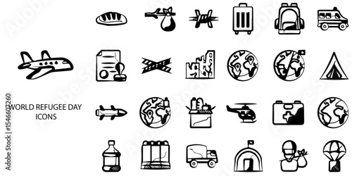World Refuge day simple concept 24 hand drawn Black  and White color icons set .Vector illustration.	