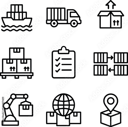 Supply chain and logistics. Line icons set. Vector outline symbols. Delivery, shipping, inventory, management, and global distribution concepts
