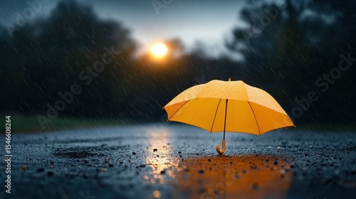 A solitary yellow umbrella stands out against a rainy street, creating a striking image of resilience and warmth amidst gloomy weather, capturing the essence of urban life.