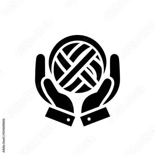 Icon of hands holding a yarn ball in a simple black and white style representing crafting and handmade goods with copy space