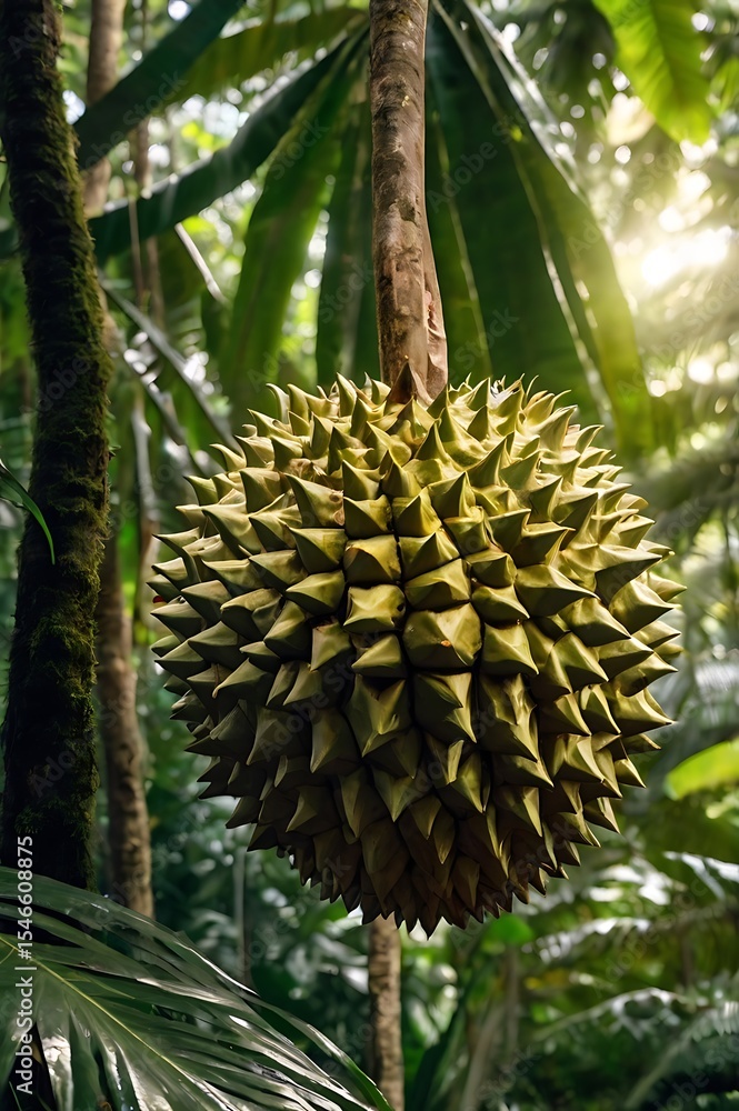 Ultra high resolution 8K image of a single perfectly ripe durian with sharp, spiky greenish-yellow skin, positioned prominently in the foreground. The background showcases the dense tropical rainfores Ultra high resolution 8K image of a single perfectly ripe durian with sharp, spiky greenish-yellow skin, positioned prominently in the foreground. The background showcases the dense tropical rainfores