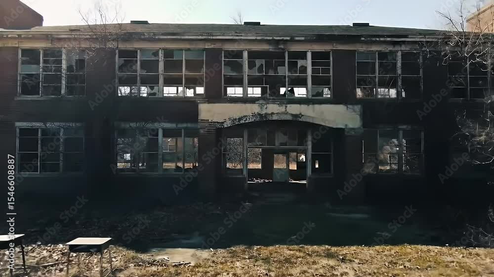 Deserted damaged school building exterior on a sunny day educational and history concept Deserted damaged school building exterior on a sunny day educational and history concept