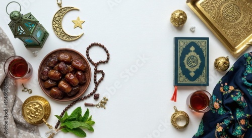 Ramadan Festive Setting Dates Quran Tea Lantern Crescent Moon Star Islamic Holy Book Celebration