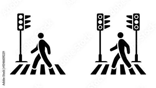 Black and white vector of pedestrians crossing street at traffic lights