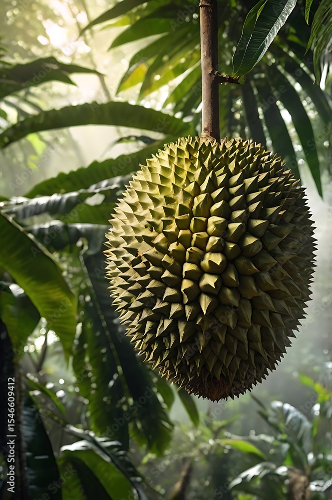 Ultra high resolution 8K image of a single perfectly ripe durian with sharp, spiky greenish-yellow skin, positioned prominently in the foreground. The background showcases the dense tropical rainfores Ultra high resolution 8K image of a single perfectly ripe durian with sharp, spiky greenish-yellow skin, positioned prominently in the foreground. The background showcases the dense tropical rainfores
