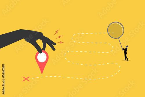 Hand holding pin location. Delivery route. Travel way and find trip. GPS point navigation. Transport logistic