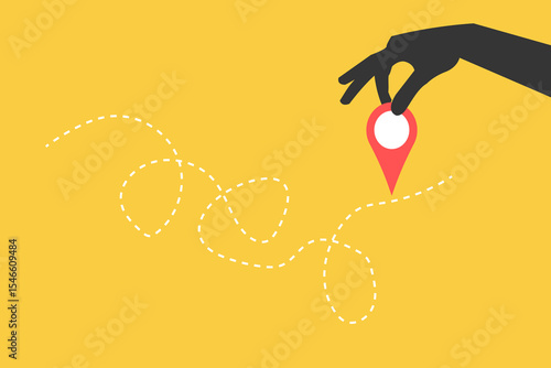 Hand holding pin location. Delivery route. Travel way and find trip. GPS point navigation. Transport logistic