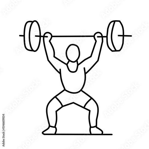 Simple line drawing of a weightlifter lifting a barbell overhead. Represents strength, power, and fitness for icons and designs.