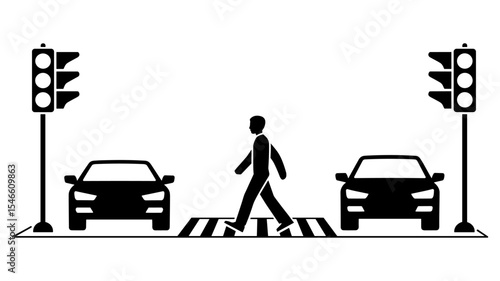 Black and white vector of pedestrian crossing road between cars at traffic lights