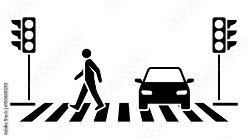 Black and white vector of pedestrian crossing road between cars at traffic lights