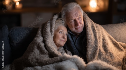 An elderly couple cuddled up on the sofa watching a movie under a blanket 