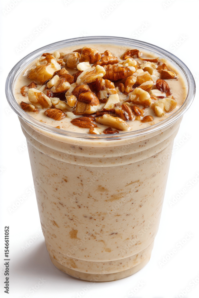 Banana nut smoothie topped with chopped walnut pieces in clear plastic cup, creamy and rich texture Banana nut smoothie topped with chopped walnut pieces in clear plastic cup, creamy and rich texture