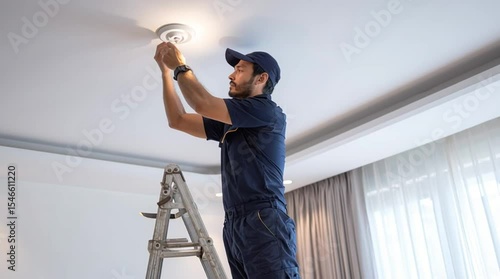 Smoke Detector Installation: A maintenance worker in uniform installs a smoke detector on a white ceiling, ensuring safety and protection in a modern space.