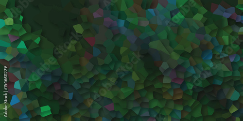 Colorful organic mosaic illustration featuring various shades of green, blue and purple with artistic polygonal patterns and a slightly dark tone.