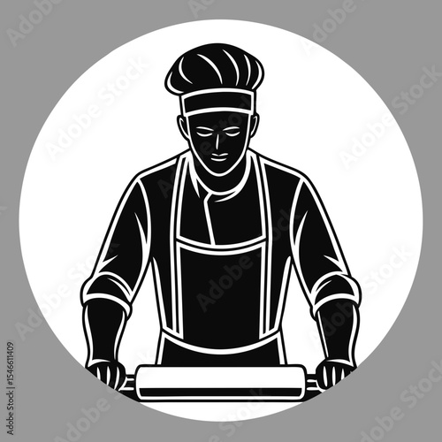 Silhouette of a chef rolling dough isolated on white background